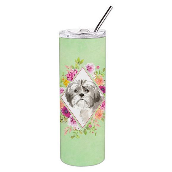 Shih Tzu Puppy Green Flowers Stainless Steel 20 oz Skinny Tumbler